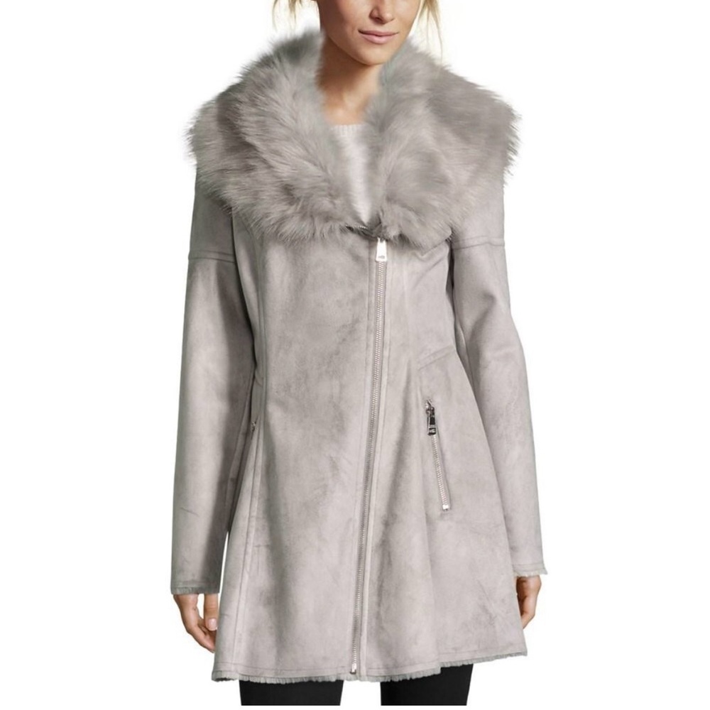 Catherine Malandrino Faux Suede Shearling Fur Coat  Dove Grey M